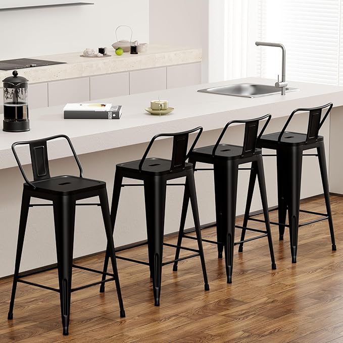 Tongli Metal Bar Stools Set of 2 Counter Stools Metal Bar Chairs Stools Counter Height Barstools Indoor Outdoor (Matte Black, 2PCS-24)