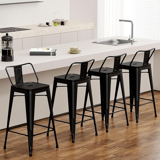Tongli Metal Bar Stools Set of 4 Barstools Counter Height Bar Stools with Back Industrial Bar Stool Indoor Counter Stool Kitchen Island Stools Modern Bar Chair 26inch Matte Black