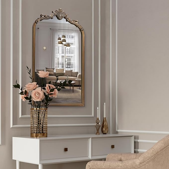 English Estate Carved Arch Wood Wall Mirror, Mirror for Entryway, Living Room, Bathroom, Antique Gold, 20.4x33