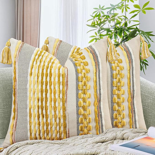 AmHoo Set of 2 Chenille Striped Textured Boho Throw Pillow Covers Aesthetic with Tassels Woven Decorative Pillow Case for Couch Bed Sofa Bedroom Modern Funky 18 x 18-Inch Yellow