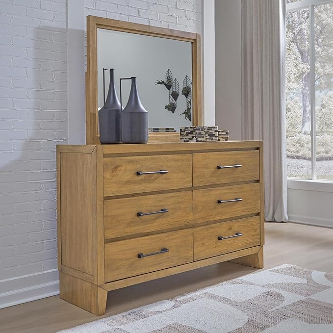 Signature Design by Ashley Sherbana Casual 6-Drawer Dresser and Mirror with Safety Stop and Felt-Lined Top Drawer, Light Brown