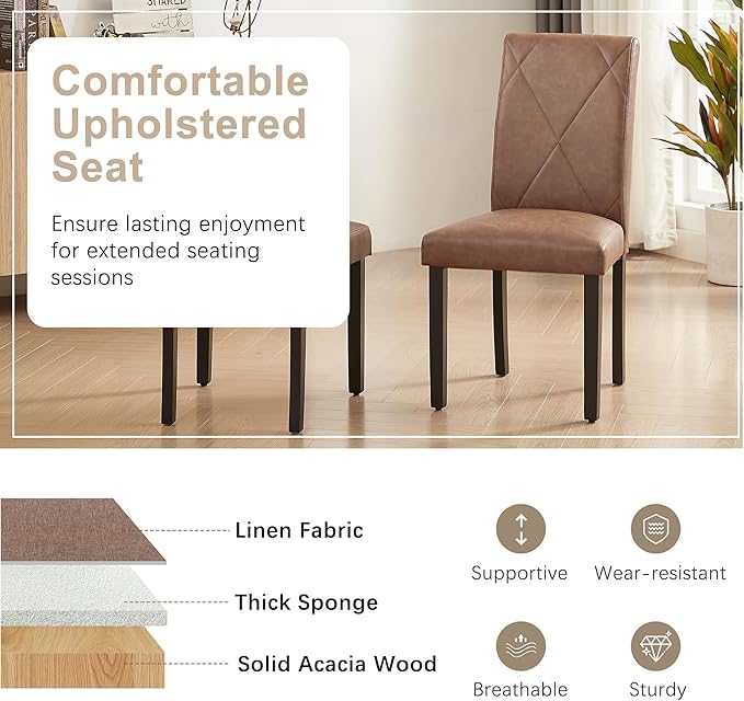 VECELO Upholstered Dining Chairs Set of 4, Modern PU Leather and Solid Wood Legs & High Back for Kitchen/Living Room- Brown