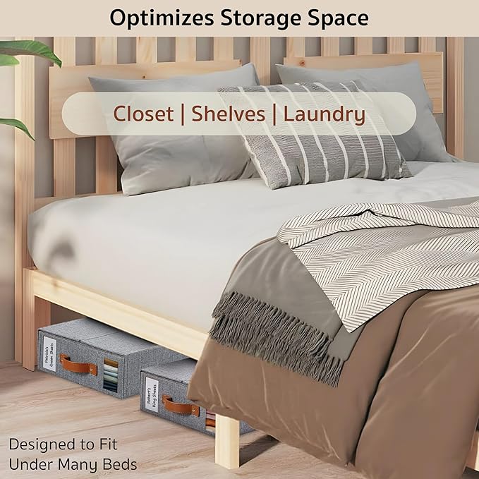 2-Pack Set Bed Sheet Organizer – Premium Linen Storage with PU Leather Handles & Dual Labels | Fits King/Queen Sheets | Closet, Underbed & Shelf Use | Closet Organizers and Storage (Gray)