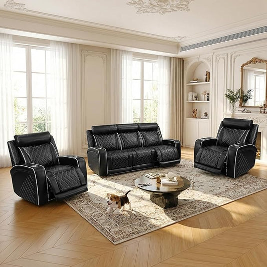 Power Recliner Sofa Set, Breathing Leather Reclining Couch Set, Leather Couch and 2 Recliner Chairs Set with LED Lights/Charging Ports/Storage for Home/Office (Black New, Sofa+2 Chairs)