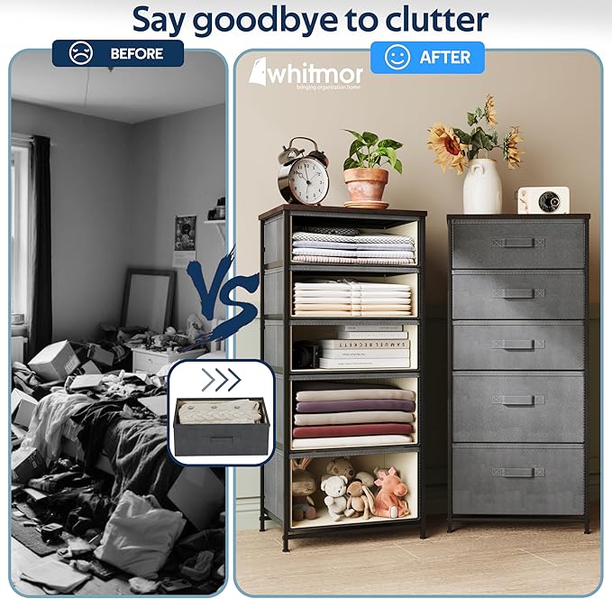 Whitmor Dresser for Bedroom, 5 Drawer Fabric Dresser, Chest of Drawers with Removable Fabric Drawer,37" Tall Wood Storage Organizer with Sturdy Steel Frame, 16.7" Lx 11.7" W x 37.2" H, Gray