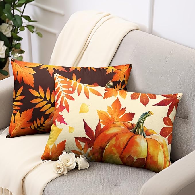 Fall Throw Pillow Covers 12x20 Set of 2 Orange Black Maple Leaves Pumpkin Autumn Lumbar Pillow Case Thanksgiving Harvest Farmhouse Outdoor Rectangle Cushion Case for Sofa Couch