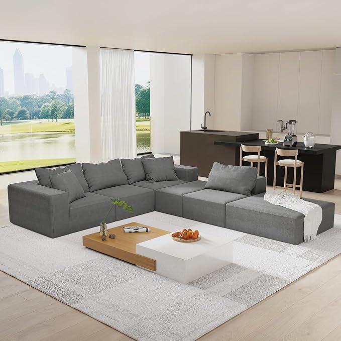 Favfurish Modern Minimalist Upholstered Couch，132" Oversized Modular Floor L-Shaped Sofa Set,with 6 Pillows,for Living Room,Bedroom,Grey（Chenille，6 Seat）