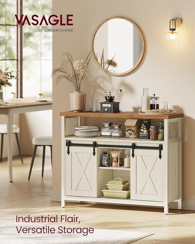 VASAGLE Buffet Cabinet, Coffee Bar Storage Cabinet, Sideboard with 2 Sliding Barn Doors, Adjustable Shelves, 13 x 39.4 x 31.5 Inches, for Living Room, Rustic White and Honey Brown ULSC092W01