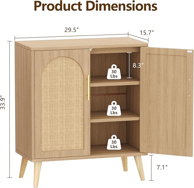 2 Pack 15.7" D Rattan Buffet Cabinet with Storage, Buffet Sideboard with Adjustable Shelf and Solid Wood Legs, Floor Storage Cabinet with Doors, Coffee Bar for Kitchen, Living Room, Natural
