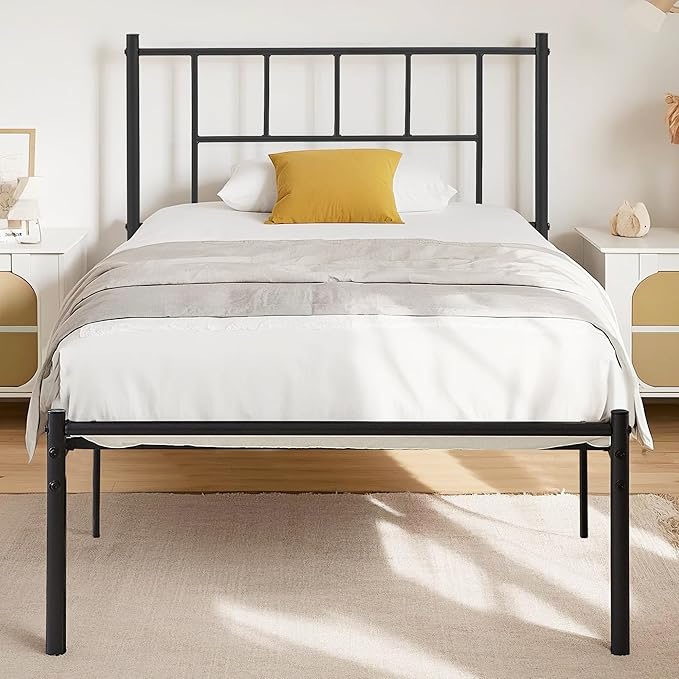 VECELO Twin Metal Platform Bed Frame with Headboard, Heavy Duty Steel Slat Support, Under Bed Storage,No Box Spring Needed, Easy Assembly