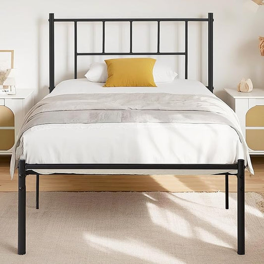 VECELO Twin Metal Platform Bed Frame with Headboard, Heavy Duty Steel Slat Support, Under Bed Storage,No Box Spring Needed, Easy Assembly