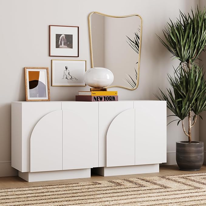 Nathan James Iris Mid-Century Modern Credenza, White TV Stand, Living Room Wood Storage Cabinet with Arched Cabinet Doors, Set of 2