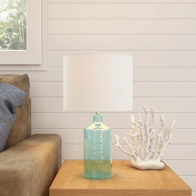 Table Lamp - Clear Glass Lamp with Open Base, LED Bulb, and Shade - Decorative Lighting for Coastal, Nautical, or Cottage Decor by Lavish Home (Blue)