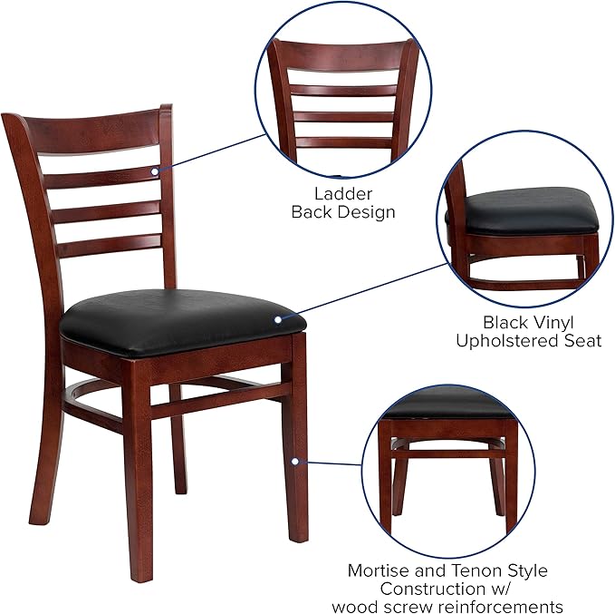Flash Furniture HERCULES Series Ladder Back Mahogany Wood Restaurant Chair - Black Vinyl Seat