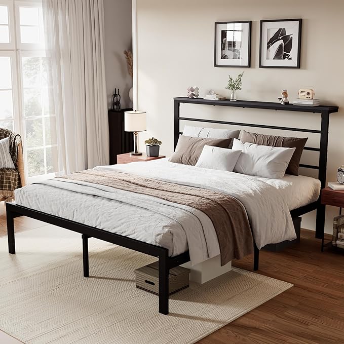 SHA CERLIN Full Size Bed Frame with Headboard Shelf and Strong Metal Foundation, No Box Spring Needed, Black
