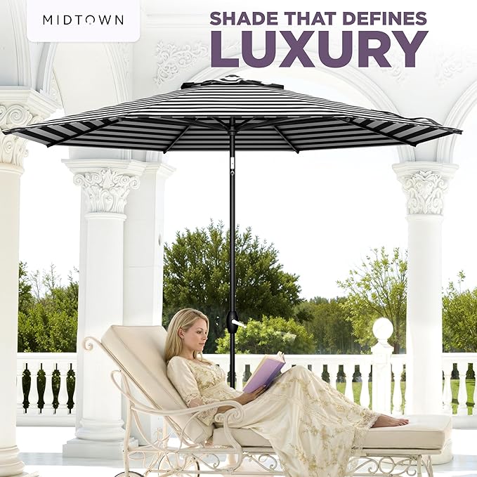 Midtown Umbrellas - The Lean 10 Ft Patio Umbrella with Fade-Resistant Sunbrella Fabric, Auto-Tilt Aluminum Frame and 8 Reinforced Ribs for Deck, Pool & Garden - Canvas Glacier Canopy, Black Pole