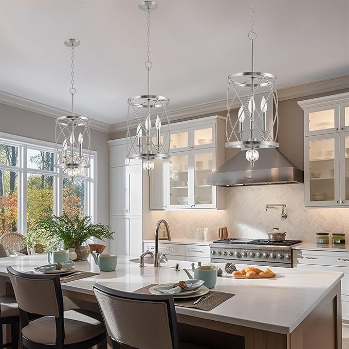 Kira Home Eleanor 26.5" 3-Light Modern Foyer Light Pendant Chandelier, Cylinder Metal Shade, Adjustable Height, Brushed Nickel Finish