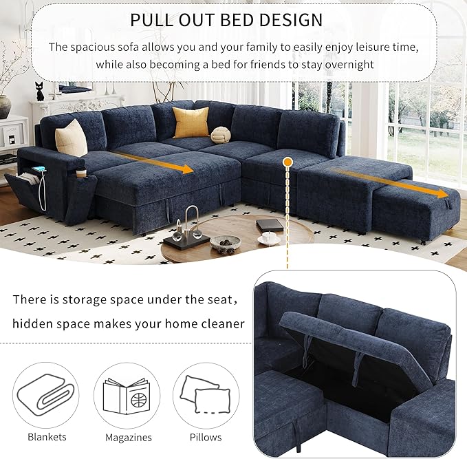 90.6" L-Shaped Modular Padded Cloud Sectional Fabric Sofa Set with Pull Out Bed, Convertible Sectional Couches w/Storage Space and USB Ports & Cup Holders on The Armrests,for Living Room,Blue