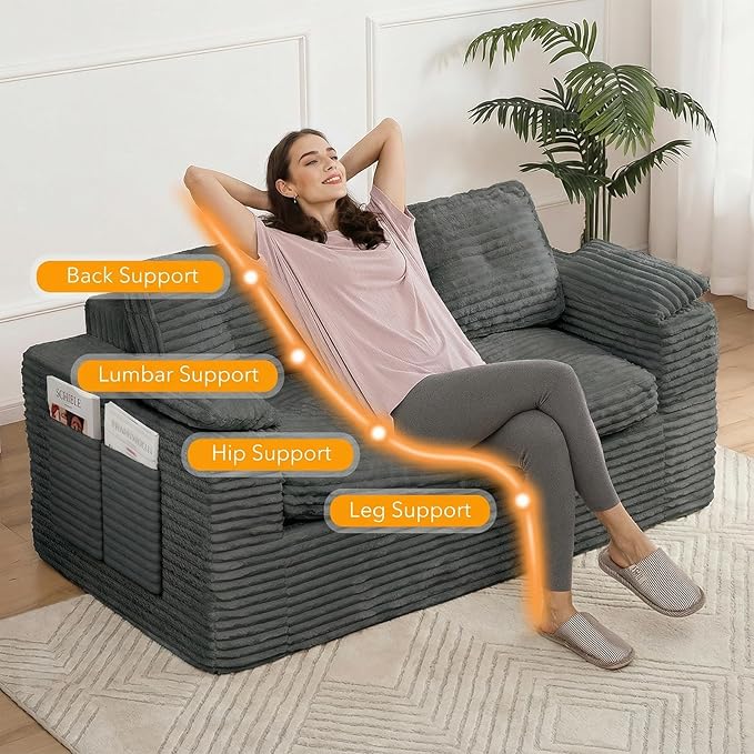 Loveseat Sofa, Boneless Cloud Couch for Living Room 2 Seater Modern Lounge Sleeper Couch with Removable Cover Corduroy Sofa with Armrest, Seat Cushion & Pillows for Small Spaces, Dark Grey
