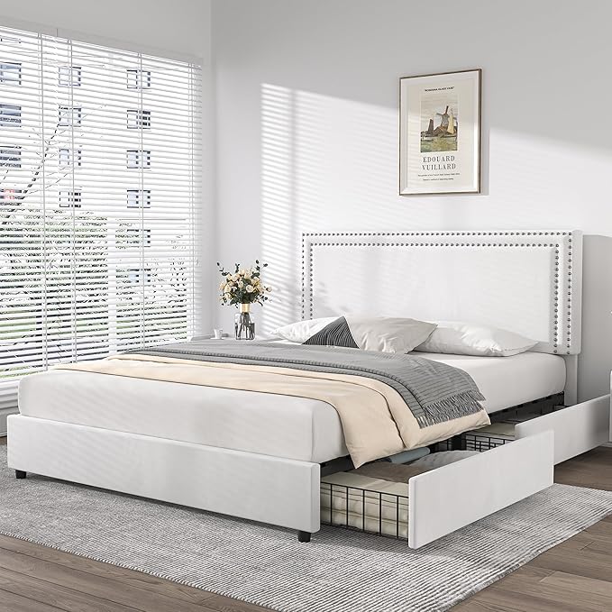 VECELO Queen Size Upholstered Platform Bed Frame with 4 Storage Drawers, Adjustable Velvet Rivets Headboard, Wooden Slats Support, No Box Spring Needed, Easy Assembly