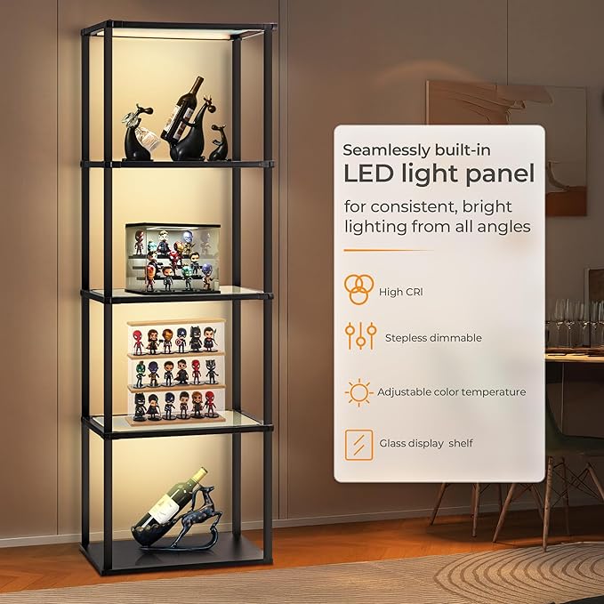 Tall Display Shelf Floor Lamp, Dimmable LED lamp with 3 Color Temperatures, Sturdy Glass Curio Cabinet Bookcase with Remote Control, Floor Lamp with Shelves for Living Room Decor, Collectibles (Black)