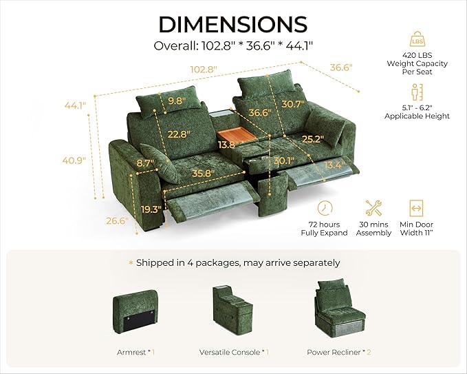 102.8'' Loveseat Power Recliner Sofa with Headrest, Oversized Cloud Modular Sectional Reclining Couch with Table, Storage Drawer, Charging, 2-Seater for RV Home Theater, Chenille, Green