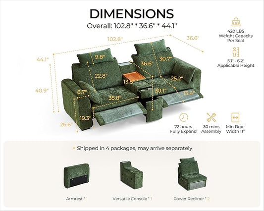 102.8'' Loveseat Power Recliner Sofa with Headrest, Oversized Cloud Modular Sectional Reclining Couch with Table, Storage Drawer, Charging, 2-Seater for RV Home Theater, Chenille, Green