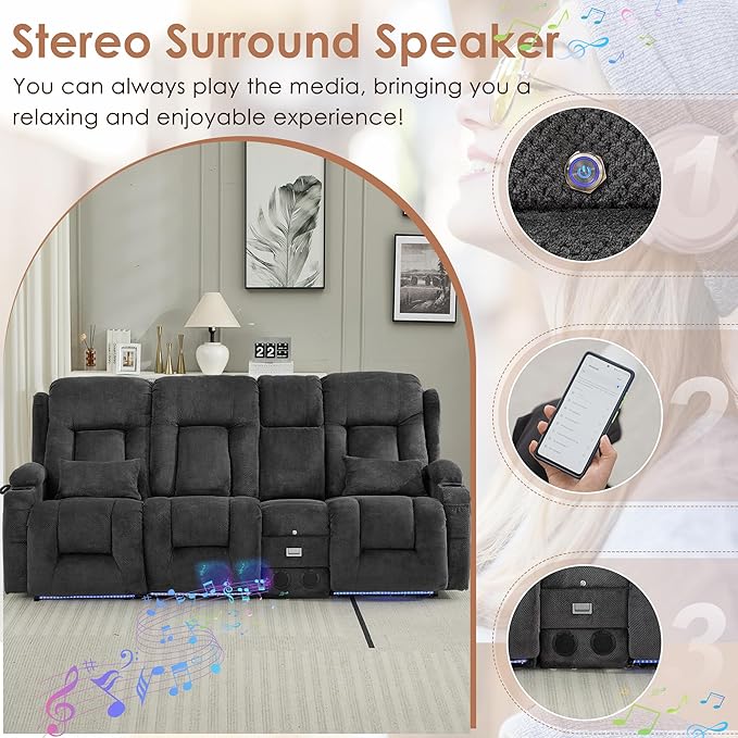 TUNYI Wall Hugger Loveseat Recliner Sofa with Console, Power Reclining Loveseat RV Couch with Massage & Heat/USB/Outlet/Storage/LED Light/Speaker (Dark Grey, 4 Seat)