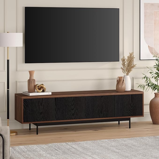 Henn&Hart Fluted TV Stand for TVs up to 75" with 2 Open-Concept Ribbed Storage Cabinets for Living Room, Family Room, or Office, Medium Walnut/Natural Black
