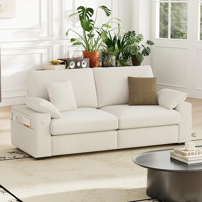 MALOL 76" Loveseat Sofa, Cloud Foam Couch, 3 Seater Upholstered Midcentury Mondern Love Seat with USB Type C Ports, 4 Pillows and Flip-Open Storage Armrest for Living Room/Small Spaces, Beige