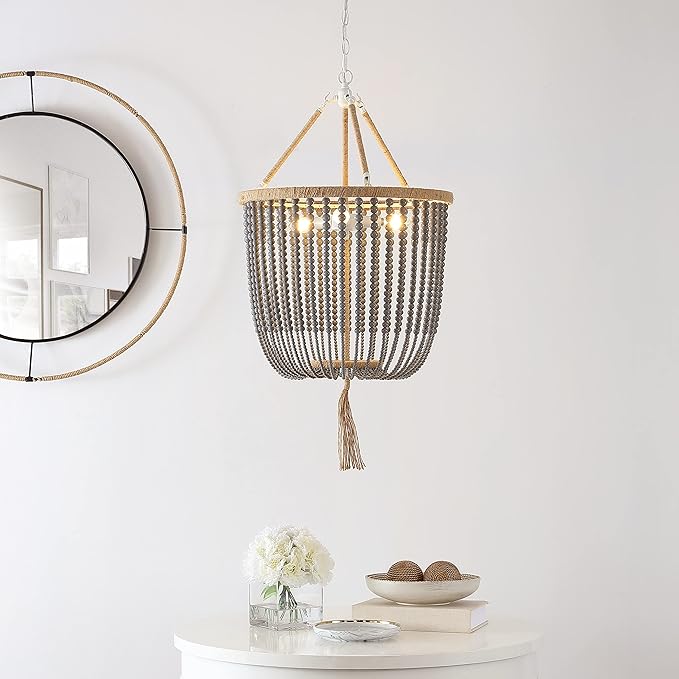 SAFAVIEH Lighting Collection – Angie Boho Farmhouse Grey 3-Light Beaded Adjustable Pendant Chandelier with Tassel, LED Bulbs Included (LIT4476C)
