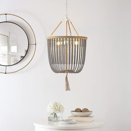 SAFAVIEH Lighting Collection – Angie Boho Farmhouse Grey 3-Light Beaded Adjustable Pendant Chandelier with Tassel, LED Bulbs Included (LIT4476C)