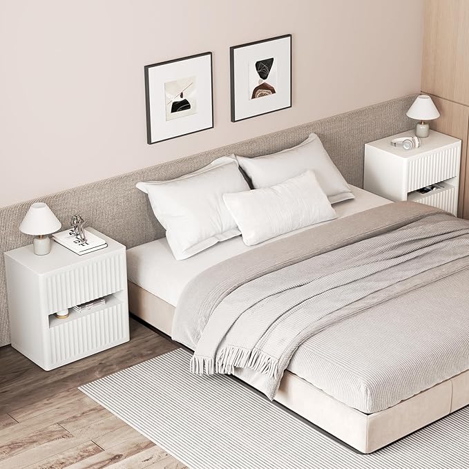 Dripex Fluted Nightstand Set of 2, 22'' Wide Night Stand with 2 Large Drawers, Mid Century Modern Wood Bedside Table with Open Shelf, Large Bed Side End Table for Bedroom, White