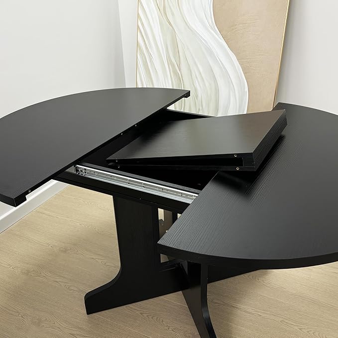 Ball & Cast Extendable Round Dining Table for 4-6,43.3-59" Transformer Kitchen Table W/Removable Leaf Trestle & X-Shaped Base,Modern Oval Extendable Dining Room Table for Small Space,Black