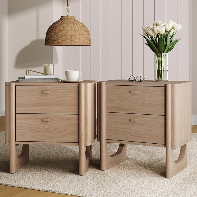 Nathan James Solace Mid Century Modern 2 Drawer Nightstand with Solid Wood Frame and Rounded Details, Raw Oak Set of 2