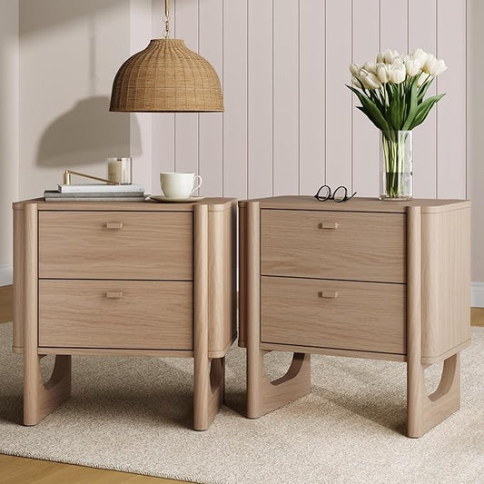 Nathan James Solace Mid Century Modern 2 Drawer Nightstand with Solid Wood Frame and Rounded Details, Raw Oak Set of 2