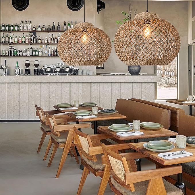 13.77" Woven Rattan Pendant Light,Hand-Woven Water Plants Rattan Chandelier 1-Light Boho Wicker Coastal Retro Ceiling Chandelier Lighting,for Kitchen Island Restaurant Craft Farmhouse