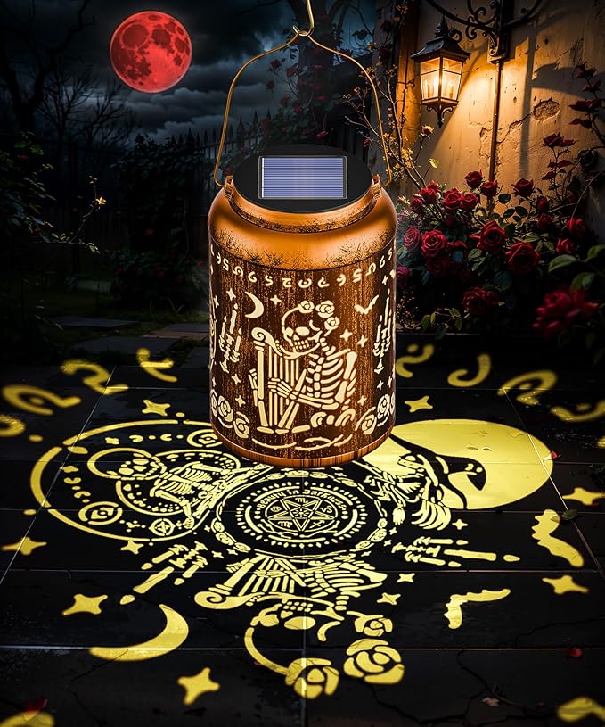 Solar Lanterns Outdoor Waterproof Decorative Garden Solar Lights Outdoor,Hanging Hollow Out Metal Ornaments Decor for Outside Lawn,Patio,Balcony,Yard Unique Gifts for Women Gothic Witchy Spooky Skull