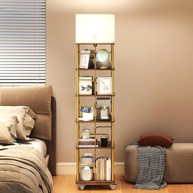 5 Tier Rotating Bookshelf with LED Light 360° Swivel Bookcase with Wheels Space-Saving Tall Corner Shelf Square Floor Standing Shelf Metal and Wood Bookshelves for Bedroom Living Room Office