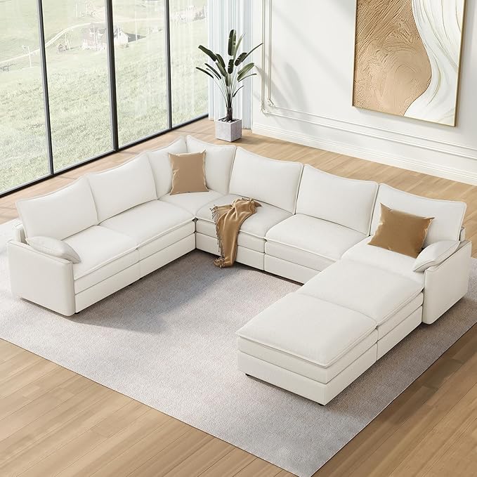 Vesgantti Large Modular Sectional Sofa, Big Comfy Cloud Couch with Ottoman Deep Seat Chenille Cloud Sofa, 8 Seater Large Sectional Couches for Living Room, Bedroom and Apartment, Snow White | Sink-in Comfort, Height Adjustable, Easy Rearrangement, Extr...