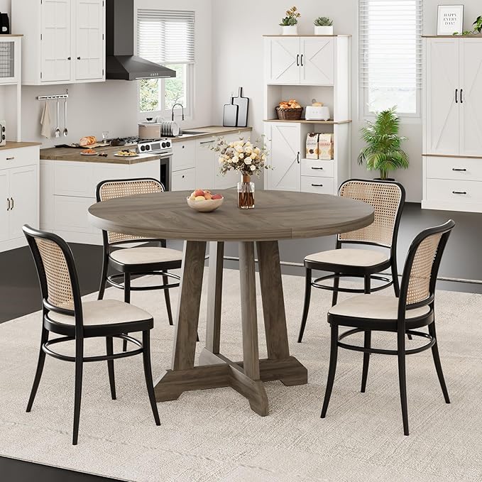 GarveeHome Round Dining Table for 4, 47 Inches Dining Room Table with Wooden Base, Kitchen Table with Circle Tabletop, Dinner Table for Dining Room, Kitchen, Living Room, Grey