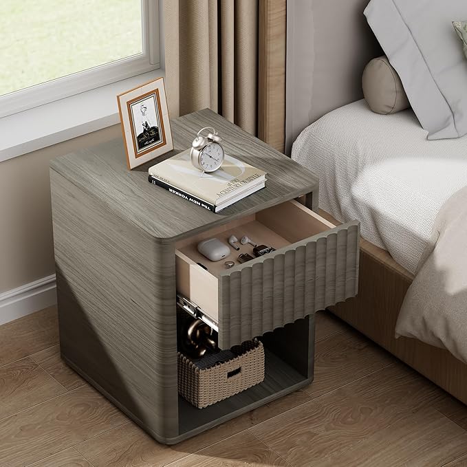 VICITON Fluted Narrow Night Stand,Thin Nightstand with Leather Surface, Small End Table with Storage, Living Room/Bed Side Table for Small Spaces (Gray, Large)