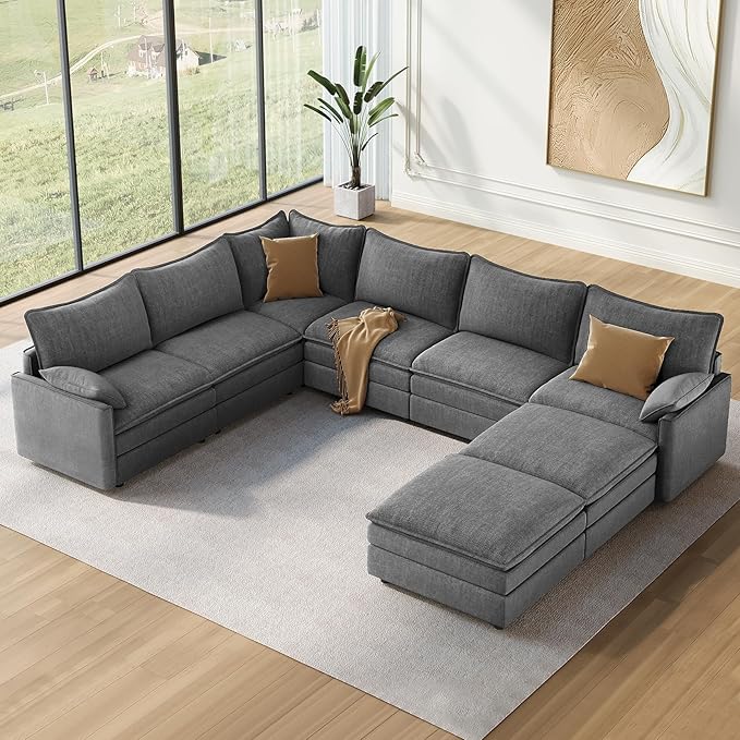 Vesgantti Large Modular Sectional Sofa, Big Comfy Cloud Couch with Ottoman Deep Seat Chenille Cloud Sofa, 8 Seater Large Sectional Couches for Living Room, Bedroom and Apartment, Gray | Sink-in Comfort, Height Adjustable, Easy Rearrangement, Extra-deep...
