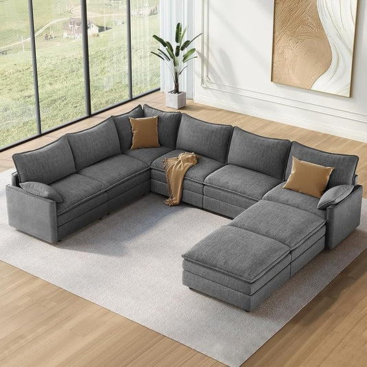Vesgantti Large Modular Sectional Sofa, Big Comfy Cloud Couch with Ottoman Deep Seat Chenille Cloud Sofa, 8 Seater Large Sectional Couches for Living Room, Bedroom and Apartment, Gray | Sink-in Comfort, Height Adjustable, Easy Rearrangement, Extra-deep...