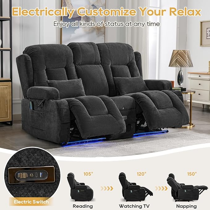 IPKIG Power Recliner Sofa with Flip-Up Backrest Console, USB & USB-C Ports, AC Outlet, LED Lights, Wall Hugger Recliners for Living Room, RV (Charcoal, 67" - 3 Seat) | Velvet Fabric, Zero Gravity, Dual Reclining, 2 Lumabr Pillow, Bluetooth Speakers