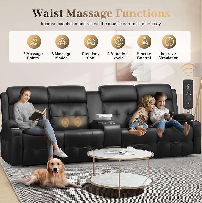 Recliner Sofa, Massage Reclining Sofa 4 Seater Sets Heavy Weight Capacity, RV Loveseat Couch Clearance with Console, USB, Type C Port, Storage, Cup Holders, Wall Hugger Chair for Living Room