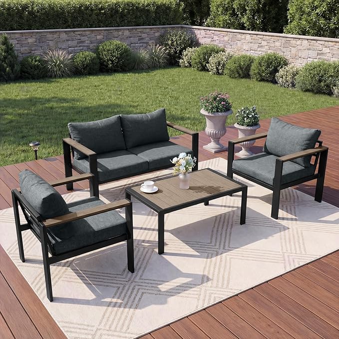 Outdoor Patio Furniture Set 4 Seats Luxury Aluminum Patio Conversation Set with Coffee Table, Washable Thick Cushions, Large Sectional Sofa for Porch, Balcony, Deck, Yard, Gray