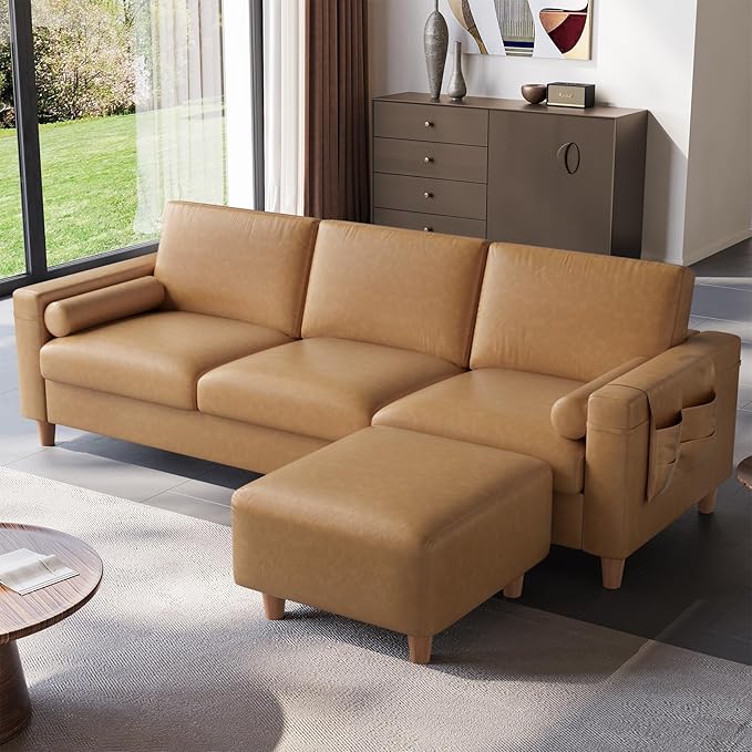 Vesgantti 100" L Shaped Faux Leather Couch with Movable Ottoman, 3 Seater PU Leather Sectional Sofa with Side Pocket, Mid Century Modern Modular Couch for Living Room, Bedroom, Cognac Tan
