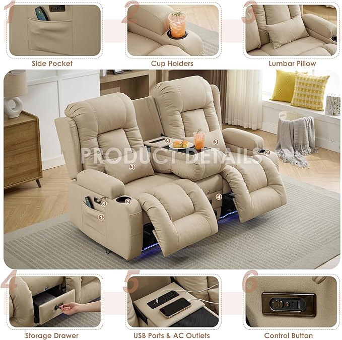 TUNYI Wall Hugger Loveseat Recliner Sofa with Console, Power Reclining Loveseat RV Couch with Massage & Heat/USB/Outlet/Storage/LED Light/Speaker (Beige)