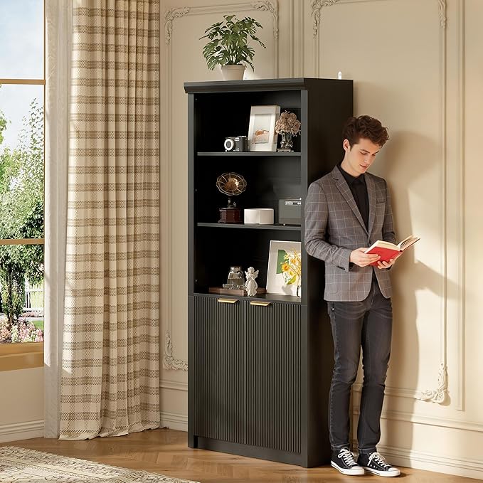 Garvee 71" Tall Bookshelf with Fluted Doors, 5 Tier Bookcase Display Shelves with Storage Cabinet & Adjustable Shelf, Mid-Century Modern Bookshelves for Home Office, Living Room, Black